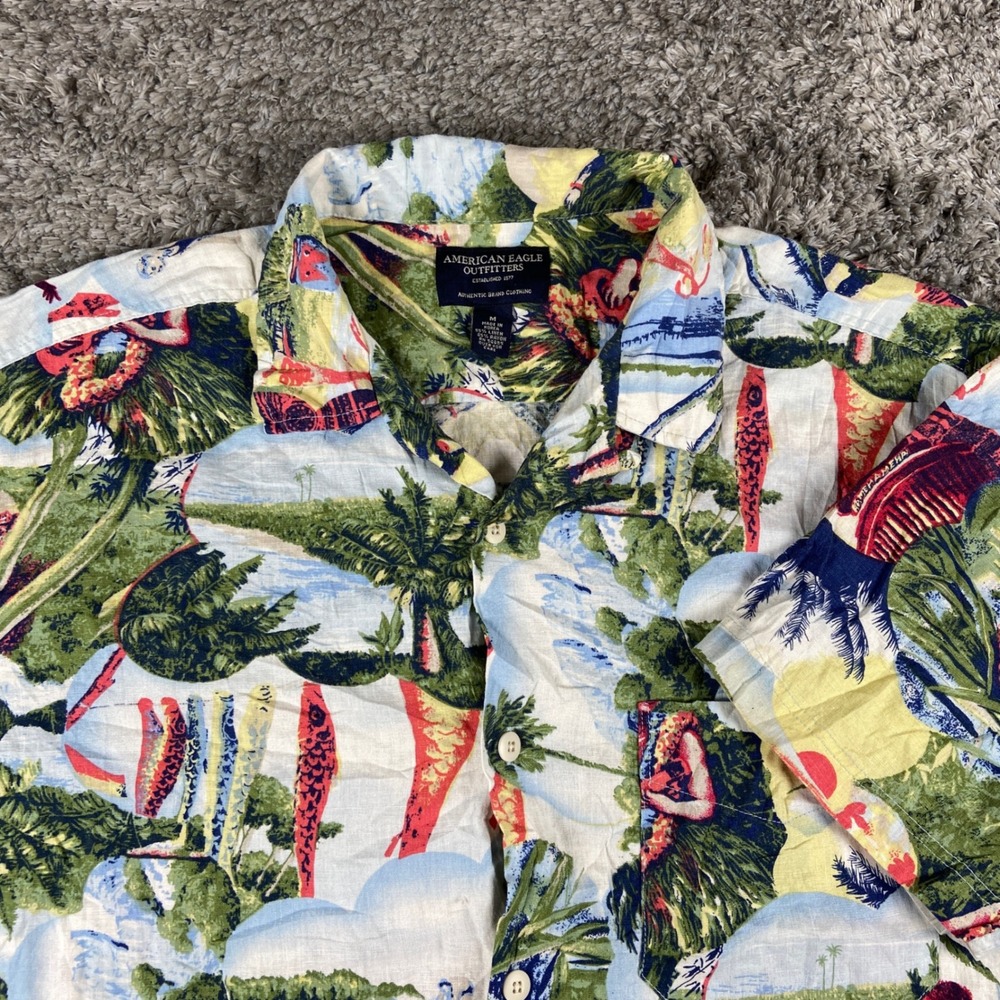 American Eagle Shirt Men M Hawaiian Short Sleeve Button Up Linen Blend Hula Tiki